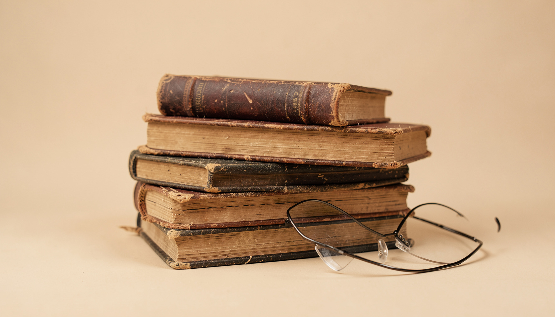 Warm sepia-toned studio photograph of stacked vintage books and a pair of reading glasses on a soft beige seamless backdrop, evoking a quiet study atmosphere